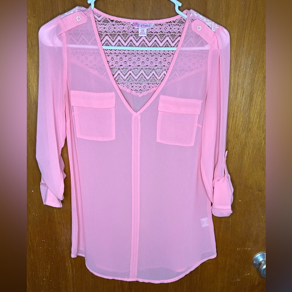 Candies Sheer Pink Shirt V Neck Spring Summer 3/4 Sleeve Crochet Lace